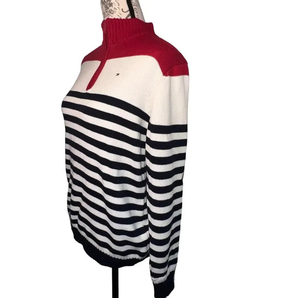 Tommy Hilfiger Sz Lg, half zip striped ribbed knit  nautical holiday Y2K Sweater - Picture 3 of 8